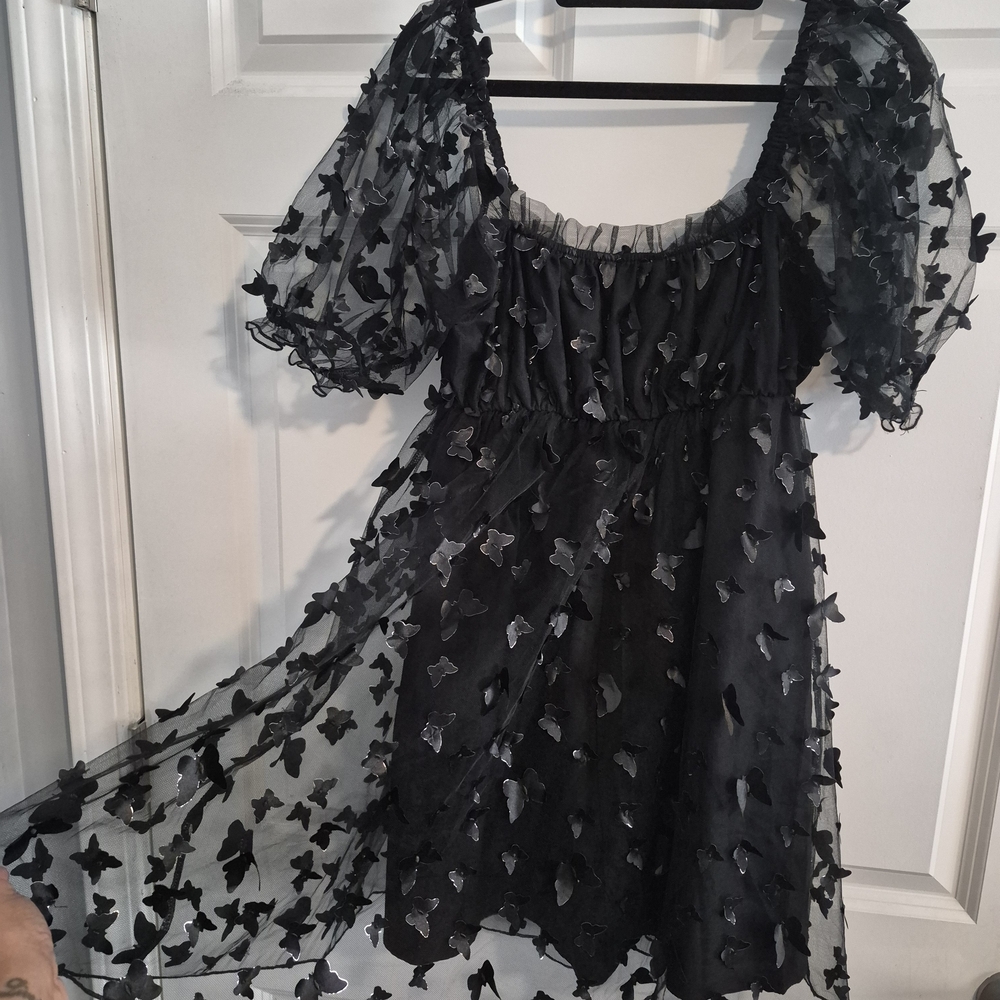 THIRTY/THIRTY Black Sheer Butterfly Babydoll Dress Whimisical Goth- Medium
